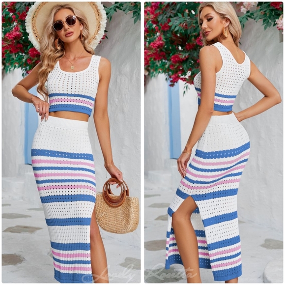 Pink Striped Cropped Tank and Split Skirt Set - Picture 5 of 7